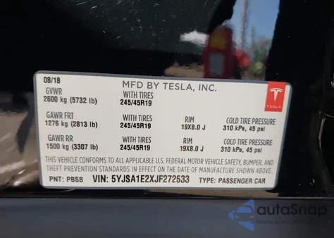 2018 Tesla Model S 100D/75D/P100D из США, поврежденный, VIN 5YJSA1E2XJF272533